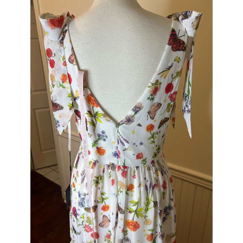 Mac Duggal Floral Butterfly Print Tiered Maxi Dress White V-Neck Tie Shoulder 4 - Picture 13 of 16